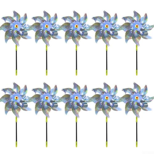 Lot de 10 moulins à vent réfléchissants pour décoration de jardin extérieur et répulsif contre les oiseaux, en PVC conçu pour résister à diverses conditions météorologiques