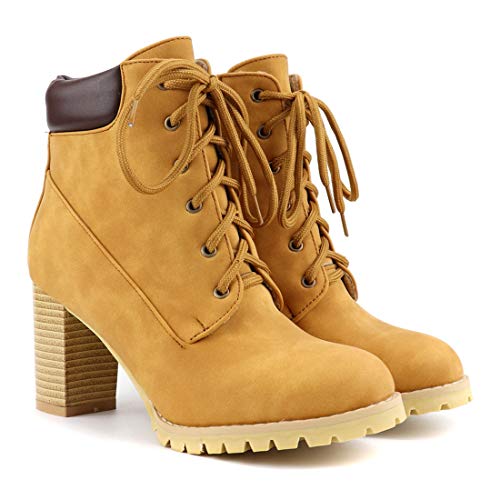 VOKLIN Women's Chunky Block High Heel Ankle Boots Lace Up Round Toe Platform Dressy Dressy Short Booties2