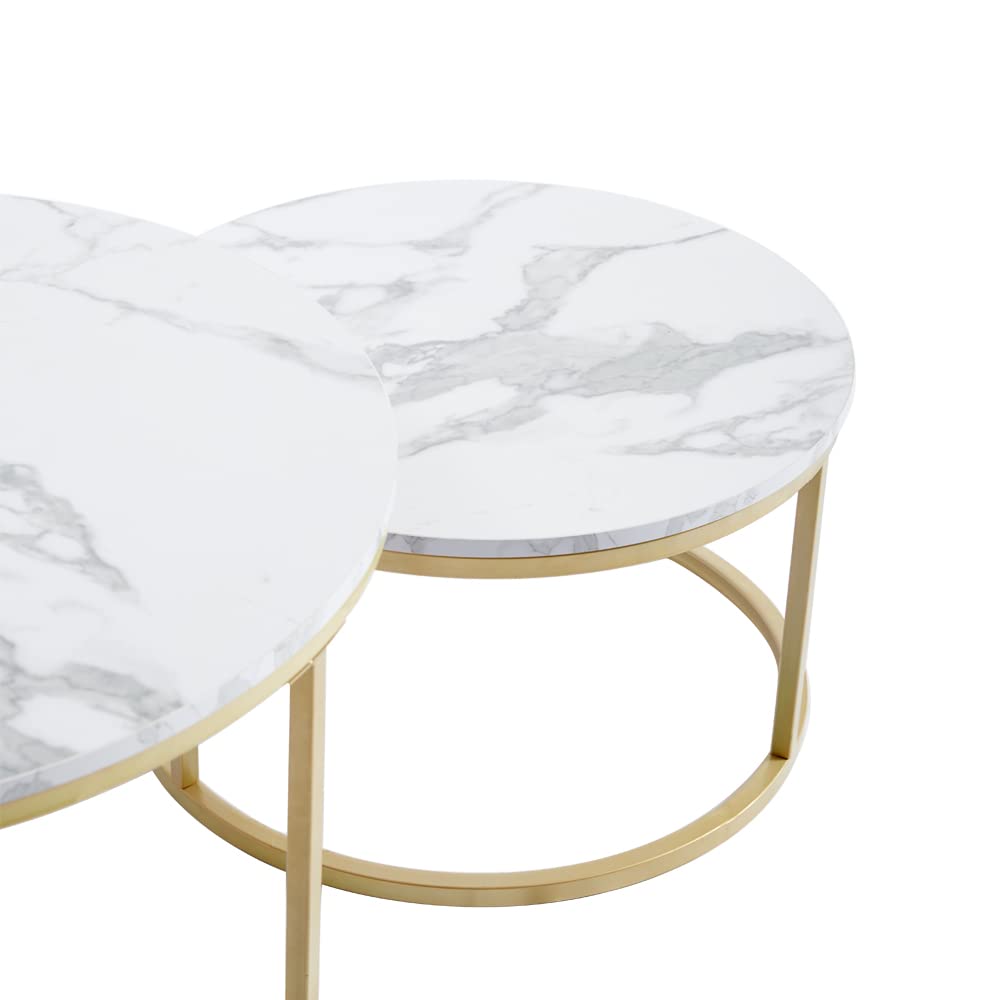 2er Set Runder Couchtisch, Moderner Satztisch für Wohnzimmer, Balkon, Büro mit MDF-Tischplatte und Stabilem Metallgestell, Weiß+Gold, Großer Tisch: 60*60*45 cm; Kleiner Tisch: 40*40*35cm
