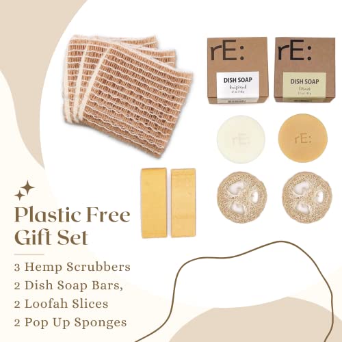 Image of rE: Plastic Free Kitchen Gift Set for dishwashing | Dish Soap Bars (2 pcs), Hemp Scrubbers (3 pcs), Loofah Slices (2 pcs), Pop Up Sponges (2 pcs) (Original & Citrus)