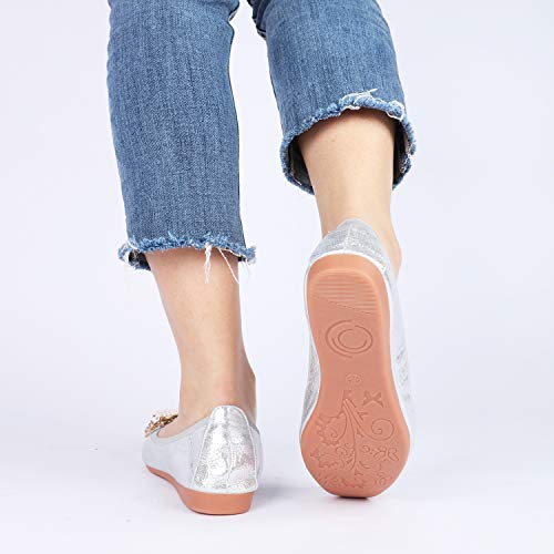 Stylein Women Ballet Flats Rhinestone Bee Ballerina Shoes Foldable Sparkly Comfort Slip On Flat Shoes Silver #TOP7