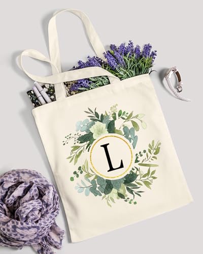 Image of AUSVKAI Canvas Tote Bag for Women, Cute Aesthetic Leaf Initial Trendy Cotton Reusable Personalized Birthday Bags