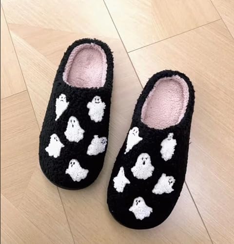Pumpkin Slippers Halloween Slippers for Women Men House Shoes Spooky Slides Soft Warm Plush Couple Shoes PINK-37-384