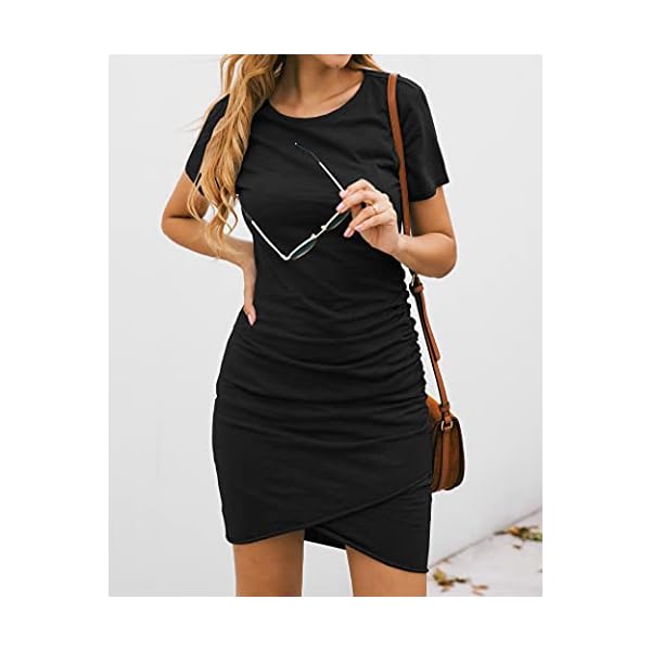 BTFBM-Womens-2021-Casual-Crew-Neck-Short-Sleeve-Ruched-Stretchy-Bodycon-T-Shirt-Short-Mini-Dress BTFBM Women's 2023 Summer Casual Beach Dresses Crew Neck Short Sleeve Wrap Party Club Mini Ruched Bodycon T Shirt Dress(Black, Medium)