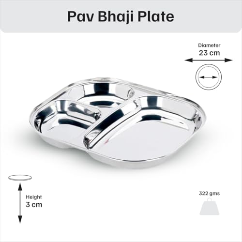 Image of Vinod Stainless Steel 3-Compartment Plate /Heavy Guage Pav Bhaji Plate /Idli Sambhar Breakfast Plate /Stainless Steel Plates for Lunch /Dinner, Set of 01