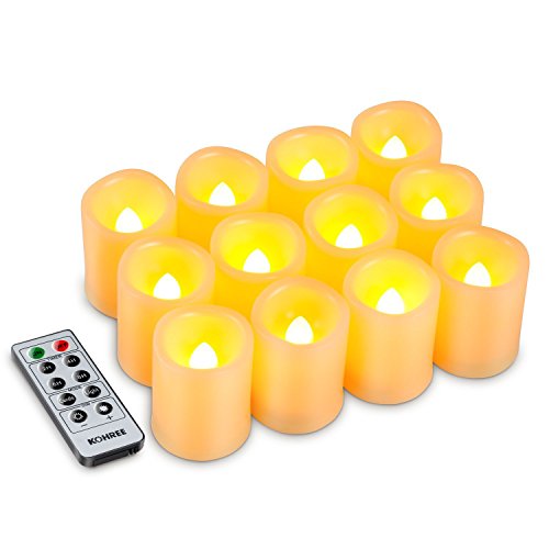 Kohree Flameless Candles LED Battery Candles with Timer Remote Control LED Pillar Votive Unscented Ivory Remote Candles Amber Yellow Flame Pack of 12