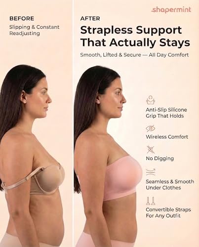 Image of SHAPERMINT Strapless Bra, Wireless Non-Slip Bandeau, Convertible Straps, Molded Strapless Bras for Women S to Large Breasts