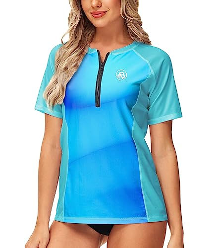 Image of AOBUTE Women Zip Rash Guard UPF 50+ Gradient Short Sleeve Swim Top Surf Shirts