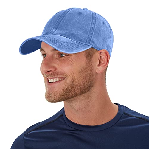 Vintage 100% Cotton Washed Baseball Cap Adjustable Size，Classic Low Profile Plain Retro Unisex Dad Hat(Cowboy Blue) #TOP2