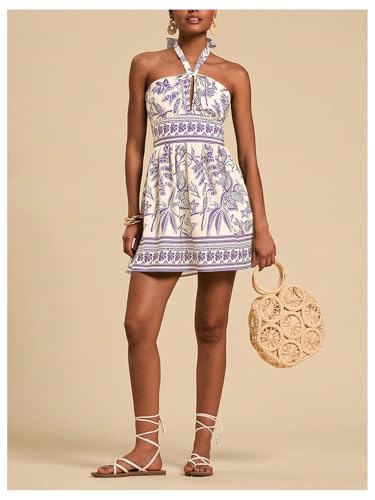 Image of SOLY HUX Tropical Vacation Dress for Women Halter Tie Backless Sundress Sleeveless A Line Short Summer Dresses