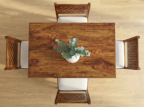 Image of RECTART Solid Wood Dining Table Set with Chairs for Living Room Home | Wooden Dining Room Sets Furniture for Hotels and Restaurants | (CNC-Cream-N, 4 Seater)
