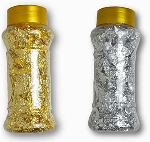 Gold,Silver Leaf Flakes Imitation Gold Leaf Flakes Paper Foil for Craft,Art,Home Furnitures,Decorating Frames (12g Each)