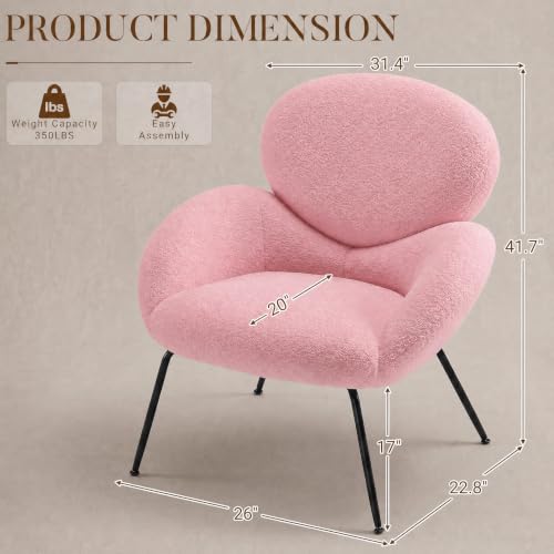 Image of Boucle Accent Chair with Cloud Backrest for Small Space, Pink | Small Reading Chair with Soft Textured Boucle Fabric, Modern Style, Comfy Cloud Backrest for Living Room, Bedroom, Cafe