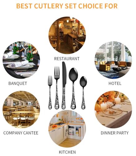 XIAOYU Halloween Skeleton Silverware Set 40 Piece Gothic Flatware Set for 8, Unique Vintage Skull Flower Pattern Design, Durable Cutlery Tableware for Home Kitchen, Silver - Image 7
