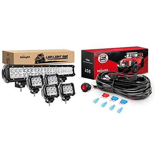 Nilight - ZH003 20Inch 126W Spot Flood Combo Led Light Bar 4PCS 4Inch 18W Spot LED Pods Fog Lights, 2 Years Warranty & NI -WA 06 LED Light Bar Wiring Harness Kit