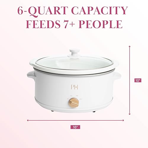 Image of Paris Hilton 6-Quart Manual Slow Cooker, Naturally Nonstick Stoneware Ceramic Insert, Three Settings (Low, High, Warm), Dishwasher Safe Family Size Slow Cooker, White