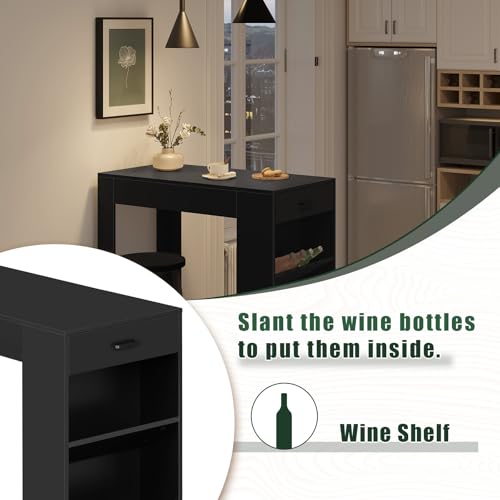 WOLTU Stehtisch Bartisch Bistrotisch, mit 1 Schublade 3 Ablagen, mit Weinregal, Küchentisch für Bar Küche Wohnzimmer Esszimmer (Schwarz, Zentimeter, 100, Zentimeter, 50, Zentimeter, 100)
