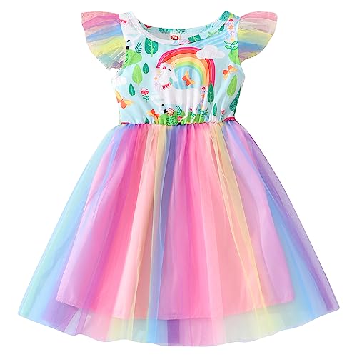 Fashion Princess Girls Short Sleeve Glitter Unicorn MLP Rainbow Tulle Skirt Birthday Party Dress