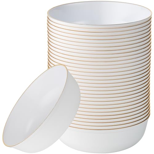 [30 Pack 16 OZ Bowls] Edge Collection White with Gold Rim Plastic Party Soup Bowls Premium heavyweight Elegant Disposable Tableware Dishes