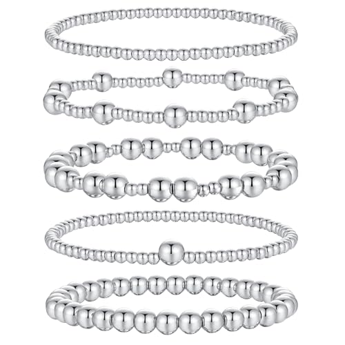 XIANNVXI 5PC Silver Beaded Bracelet for Women Platinum Plated Silver Stretchable Elastic Stackable Bead Ball Bracelets Set Women Trendy Dainty Jewelry 3/6/7mm