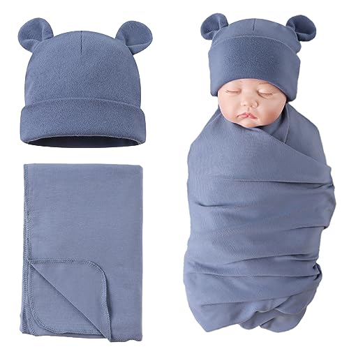 Image of PESAAT Cotton Baby Swaddle Hat Set Newborn Infant Hats Receiving Blankets for Baby Boys Girls