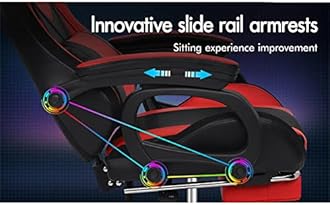 ELFORDSON LED Gaming Chair with 8-Point Massage, Swivel Office Chairs with Head Pillow Lumbar Support, Ergonomic Desk Chair with Armrests Footrest for Heavy Duty, PU Leather, Red