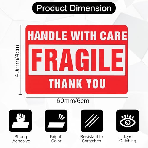 Image of GLUN Fragile Stickers Roll 60x40 mm, Paper Care Warning Stickers 300 Labels, Strong Adhesive Red Fragile Labels with for Shipping Packing of Goods and Moving