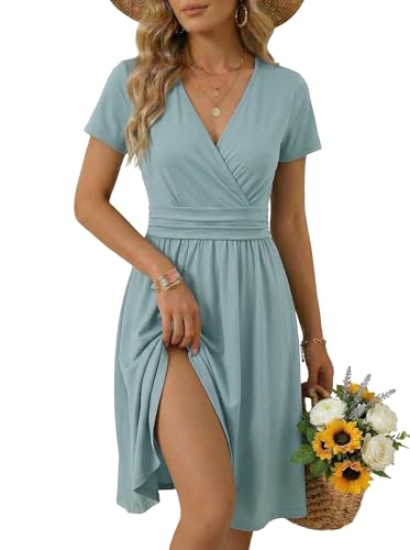 Image of OUGES Casual Summer Dress for Women Wrap V Neck A Line Midi Dresses with Pockets