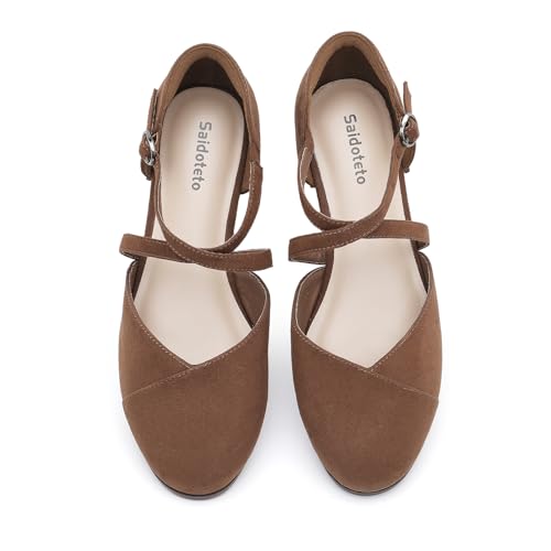 Saidoteto Women's Ankle Strap Flats - Comfortable Round Toe Dress Shoes with Adjustable Buckle, Criss-Cross Design for Work, Wedding, Office & Casual. Brown Size 11 WFT240810-03