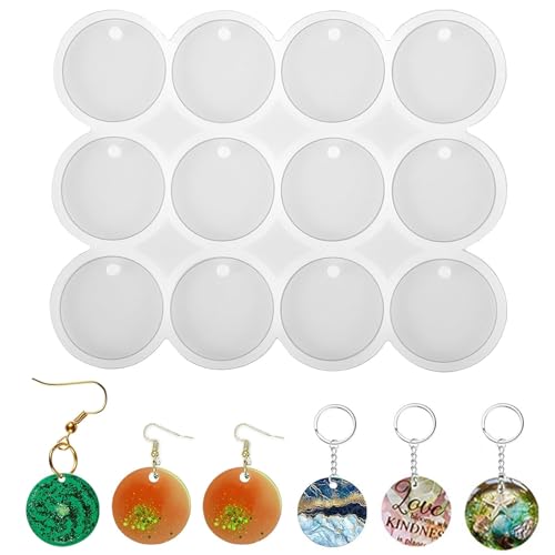 Guyode 12 Piezas Moldes Resina Epoxi Redondo Silicona para Moldes con Agujero Moldes Silicona Manualidades, Hacer Llaveros con Resina DIY Resina Epoxi de Molde Colgante Bases Fundición Cristal Joyería