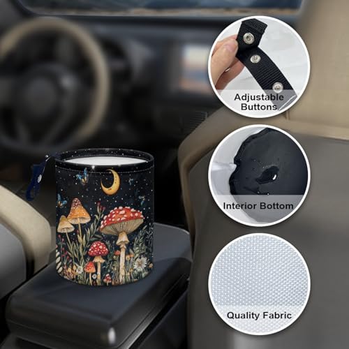 Image of Moon Mushroom Car Trash Storage Box Collapsible Small Car Waste Basket Bin Compact Universal Strap Attach to Auto Garbage Holder Travel Accessories