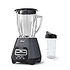 Oster Blender for Shakes, Smoothies and Salsas, 48 oz. Dishwasher-safe Glass Jar, 24-oz. Sports Bottle, 3 manual speeds and Pulse, Grey