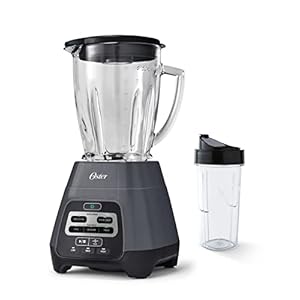 Oster Blender for Shakes, Smoothies and Salsas, 48 oz. Dishwasher-safe Glass Jar, 24-oz. Sports Bottle, 3 manual speeds and Pulse, Grey