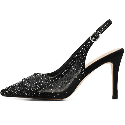Image of Women's Slingback Heels with Bow Leather Pointed Toe Pumps with Elasticated Strap 3.3 inch High Heels Evening Comfy Dress Shoes
