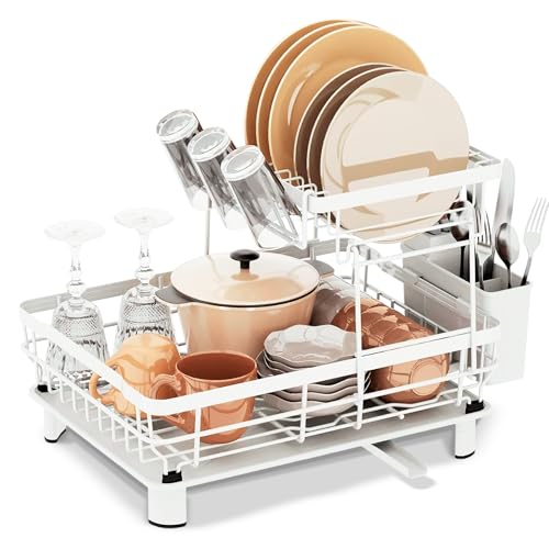 JUPPLIES Escurreplatos de 2 Niveles con Soporte para Utensilios Extraíble, Portavasos y Estante de Gran Capacidad - Escurridor de Platos con Boquilla de Drenaje Automático - 33x43x33cm - Blanco