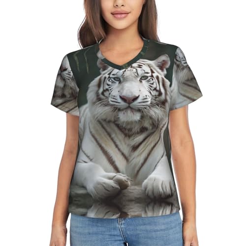 ZXERTG T-shirt classique à col en V pour femme, imprimé tigre blanc, pour tout cadre décontracté, travail, voyage et usage quotidien, Noir , XXL