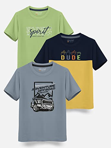 Image of HELLCAT Boys Round Neck Printed Blended Cotton Tshirt -Combo Pack of 2 - Orange /Blue