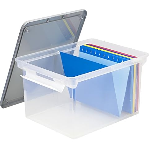 Storex Portable File Tote with Locking Handles, Letter/Legal Files, 18.5" X 14.25" X 10.88", Clear/Silver Cover