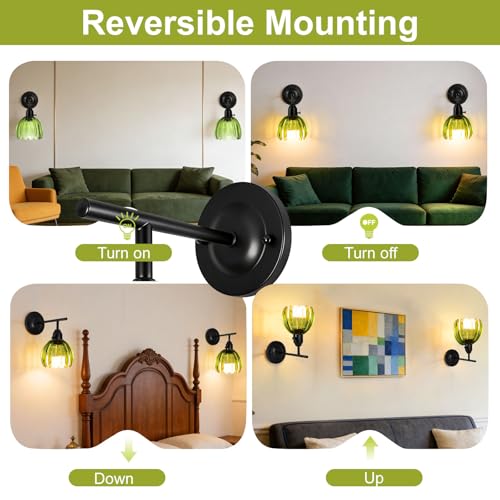 Image of Vintage Wall Sconces Set of 2 with Green Tulip Glass Lampshade, Hardwired and Wireless Wall Mounted Light Fixtures (2 Usage Methods), Black Lamp with Switch for Bedside Bedroom Living Room Wall Decor