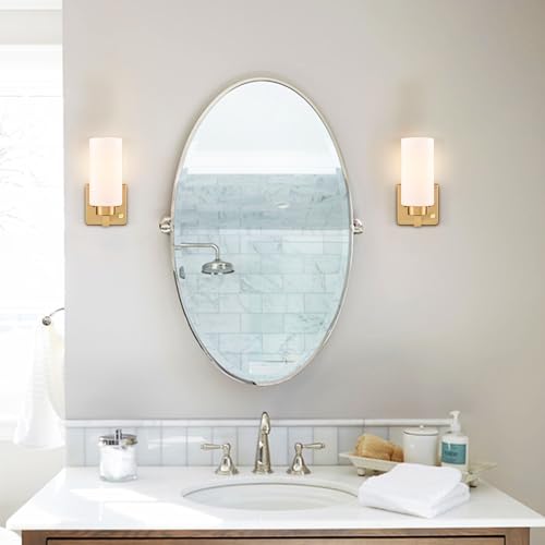 Image of DEYNITE Modern Plug in & Hardwired Wall Sconce Brass Bathroom Vanity Light | Set of 2 Wall Mounted Light with milky white glass shade rotary on /off dimmable switch for bathroom bedroom