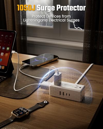 6 Ft Flat Plug Extension Cord with Multiple Outlets, SUPERDANNY Surge Protector Power Bar with 4 Outlets & 4 USB Ports (2 USB C), Small Outlet Extender for Home, Office Supplies, D image 6