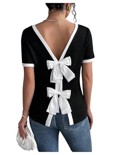 SOLY HUX Women's Bow T Shirt Short Sleeve Crew Neck Tee Casual Summer Tops Black and White Bow X-Large