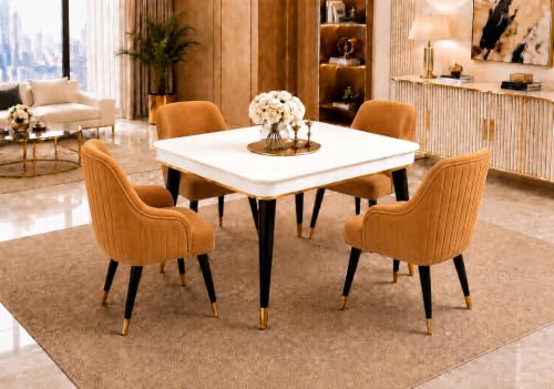 Image of WOODEN SPACE 4 Seater Wooden Dining Table Set | Urban Marble Top Dining Table with Chairs for Dining Room & Kitchen (Modern Zyro Mustard) (42 x 42 x 30 inch)