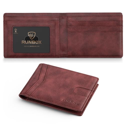 Image of RUNBOX Wallet for Men Slim Leather Bifold RFID Blocking Minimalist Front Pocket Design with Gift Box | Minimalist Front Pocket Design, Holds 8 Cards, RFID Protection, Gifts for Men on Birthdays, Father's Day, and Christmas