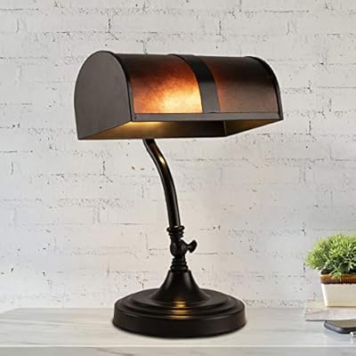 Lavish Home Banker's Lamp - Mission-Style LED Table or Desk Light with Amber Mica Shade and Bulb - Classic Vintage-Look Accent Decor (Black)