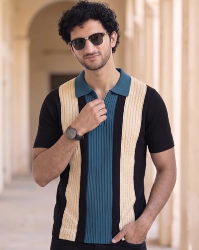 Image of AUSK Men's Zip Collar Polo Tshirt | Cotton Rich Material | Half Sleeves | Modern Knit Panel Work | Regular Fit