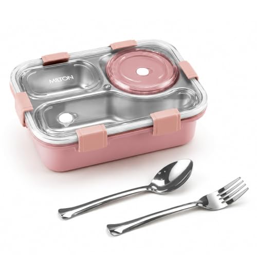 Image of MILTON Meal Caddy Bento Stainless Steel Lunch Box, 3 Compartments, 4-Side Lock, with Tray, Spoon, Fork & Container for Kids, School, Office, Travel, BPA Free, 750 ml, Pink