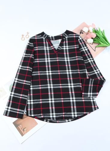 Image of Dokotoo Womens Tops Plaid Cotton Cuffed 3 /4 Sleeve Shirts Blouses