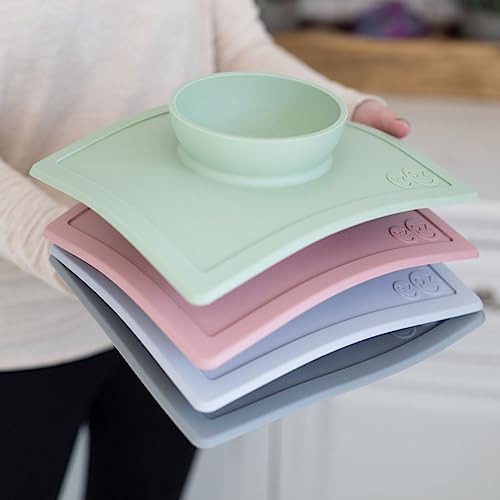 Image of ezpz Happy Bowl - 100% Food Grade Silicone Suction Bowl with Built-in Placemat for Toddlers + Preschoolers Promotes Baby Self-Feeding, Non-Slip, BPA Toxic Free, Microwave Safe - 24months+ (Pewter)