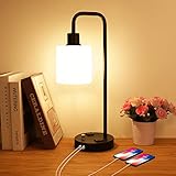 Escolite Industrial Table Lamp with 2 USB Port and Outlet Fully Stepless Dimmable Modern Nightstand Lamps, White Glass Shade Bedside Lamps for Bedroom Living Room Office, 6W 2700K LED Bulb Included